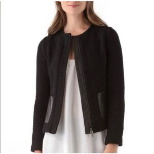 Vince‎ Sz 12 Black Wool Collarless Full Zip Blazer Jacket Faux Leather Pockets